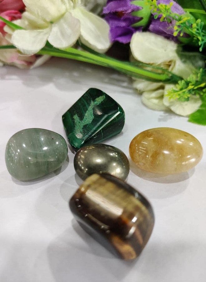 Astroghar Natural Citrine Green Aventurine Pyrite Malachite Tiger's Eye Set of 4 Crystals Tumble Wealth and Prosperity Kit for Reiki Healing and Grid Making - Image 4