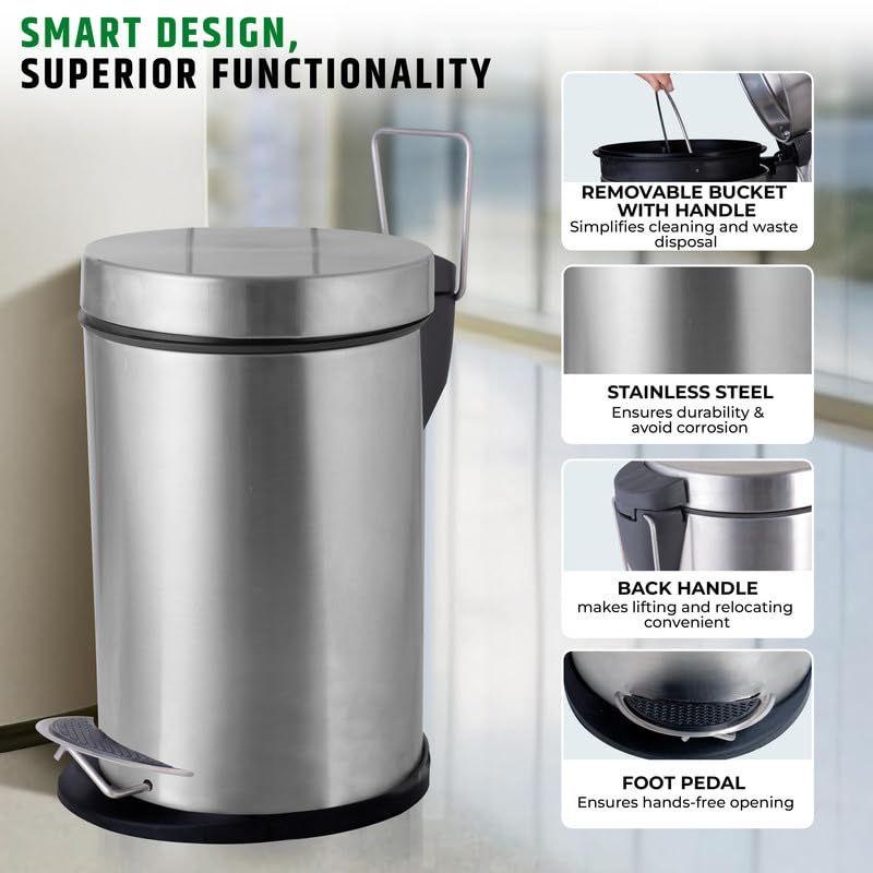 Robustt Dustbin with Pedal - 5L | Silver Stainless Steel trash can | 7 Inch (W) x 10 Inch (H) | Small Trash Can for Bathroom, Bedroom, Toilet, and Kitchen – Durable & Corrosion-Resistant - Pack of 2 - Image 2