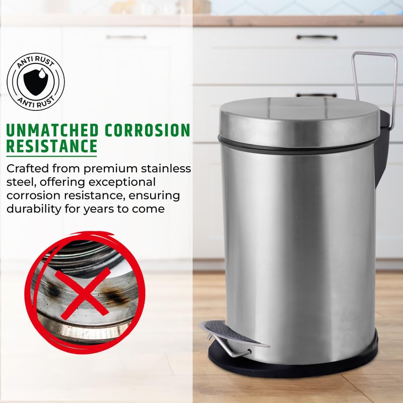 Robustt Dustbin with Pedal - 5L | Silver Stainless Steel trash can | 7 Inch (W) x 10 Inch (H) | Small Trash Can for Bathroom, Bedroom, Toilet, and Kitchen – Durable & Corrosion-Resistant - Pack of 2 - Image 3