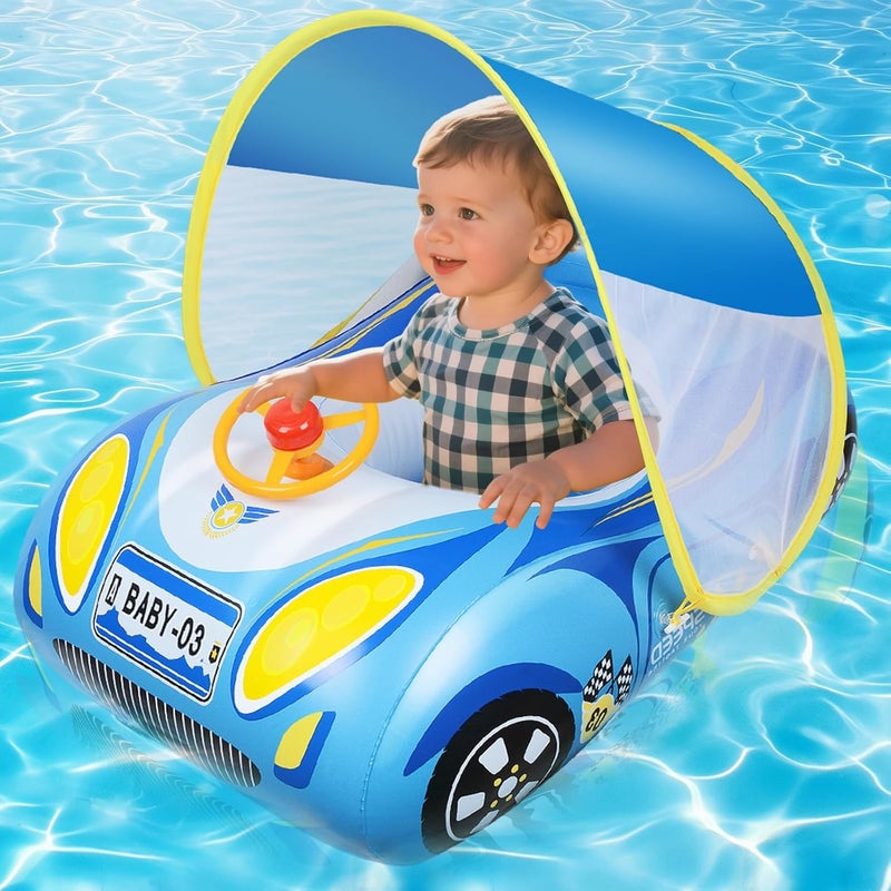 Qoosea Baby Pool Float with Canopy: Baby Swimming Float with UPF50+ Sun Protection & Toy Play Steering Wheel with Patch Kit Baby Floaties for Infants 6-48 Months Swim Float - Image 1