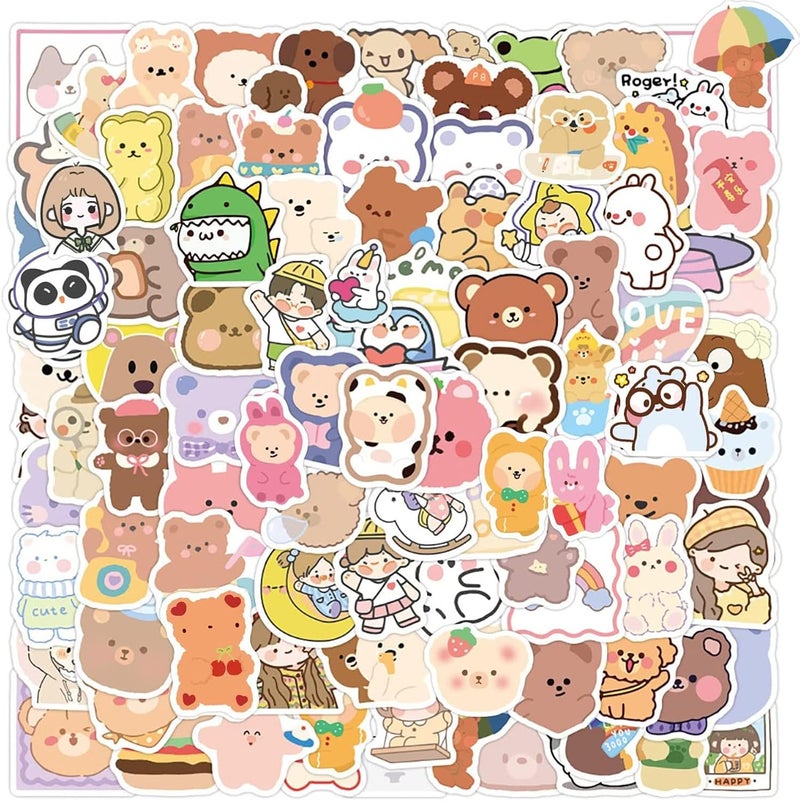 ELECDON Cute Cartoon Bear Stickers for 100pcs Kids Scrapbooking Kawaii Aesthetic Vinyl Stickers for Water Bottles HydroFlasks Laptop Journal Fridge Skateboard Decals Lovely Gift for Girls Teens Adult(bear) - Image 1