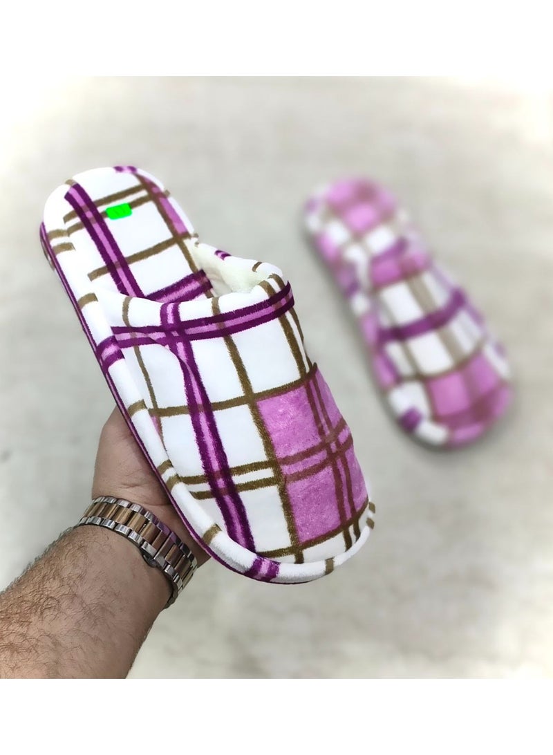 Women's fabric slippers with a purple checkered pattern - Image 2
