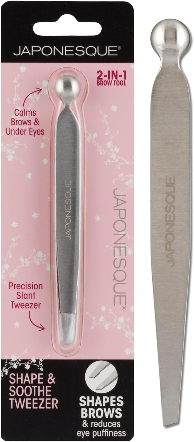 JAPONESQUE Shape & Soothe Tweezer, 2-in-1 Tool, Slant Tweezer for Shaping & Defining Brows & Eye Soother for Reducing Puffiness