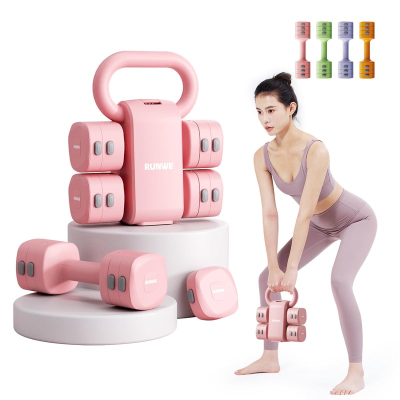 RUNWE 4 in 1 Adjustable Dumbbell Kettlebell Set for Women, Kettlebell Grip Converter, 2.2-5.5lb Fast Adjust Hand Weights for Postpartum Recovery & Beginner Strength Training, Pink, Space-Saving Home Gym - Image 1