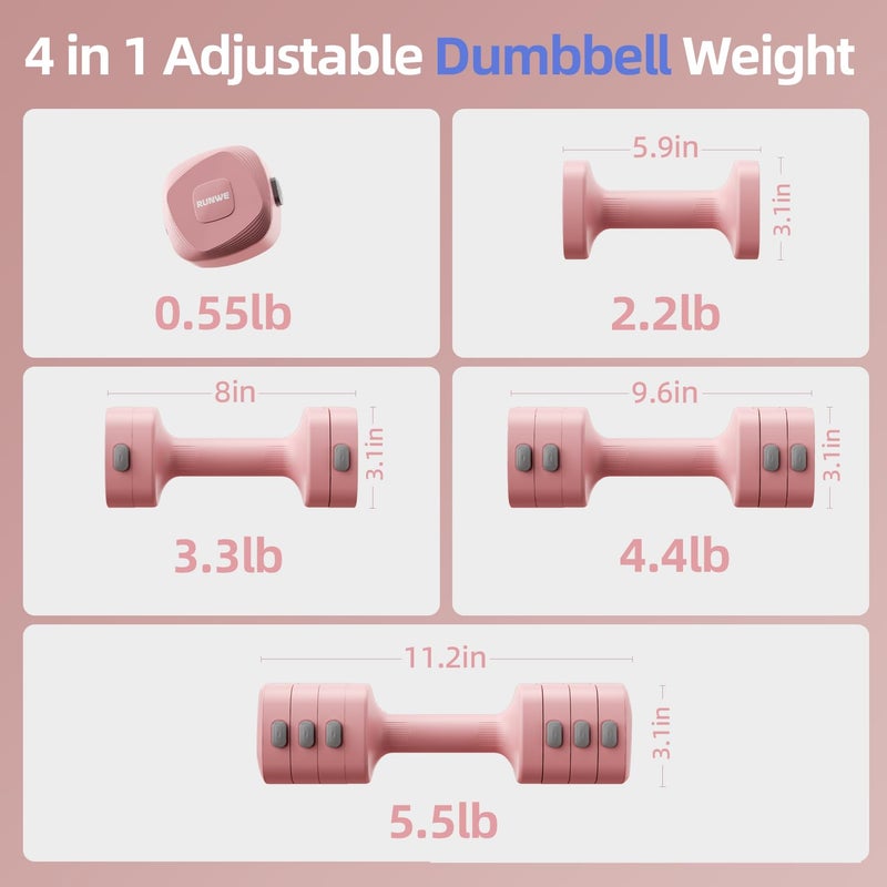 RUNWE 4 in 1 Adjustable Dumbbell Kettlebell Set for Women, Kettlebell Grip Converter, 2.2-5.5lb Fast Adjust Hand Weights for Postpartum Recovery & Beginner Strength Training, Pink, Space-Saving Home Gym - Image 3