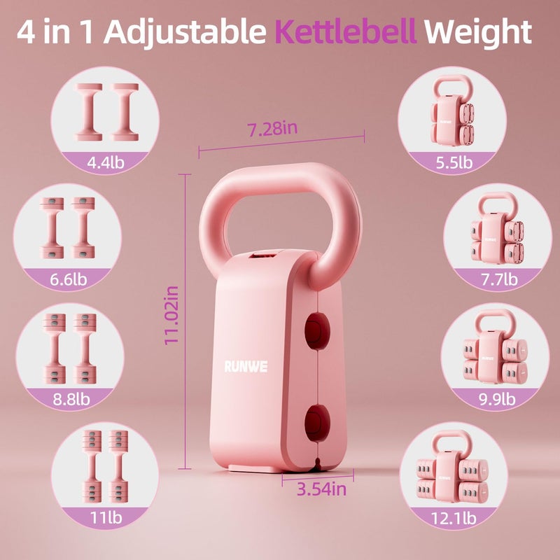 RUNWE 4 in 1 Adjustable Dumbbell Kettlebell Set for Women, Kettlebell Grip Converter, 2.2-5.5lb Fast Adjust Hand Weights for Postpartum Recovery & Beginner Strength Training, Pink, Space-Saving Home Gym - Image 4