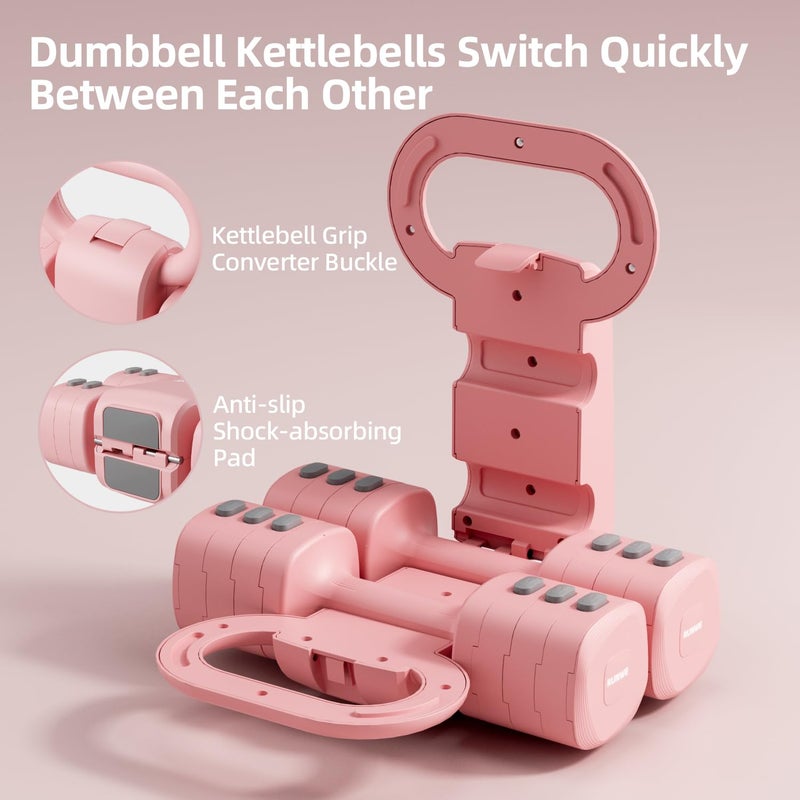 RUNWE 4 in 1 Adjustable Dumbbell Kettlebell Set for Women, Kettlebell Grip Converter, 2.2-5.5lb Fast Adjust Hand Weights for Postpartum Recovery & Beginner Strength Training, Pink, Space-Saving Home Gym - Image 2