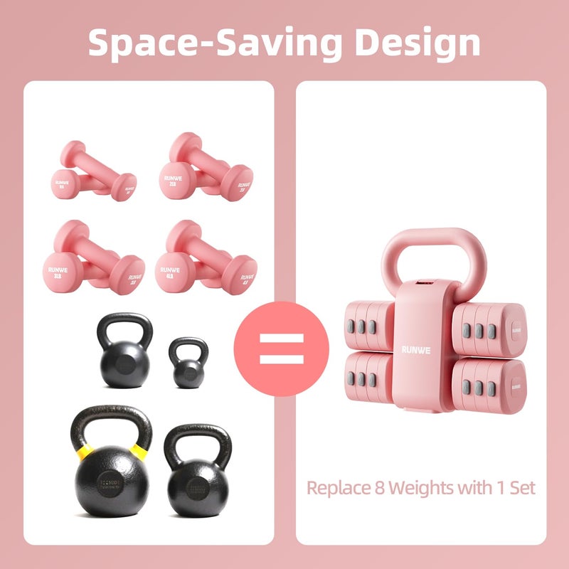 RUNWE 4 in 1 Adjustable Dumbbell Kettlebell Set for Women, Kettlebell Grip Converter, 2.2-5.5lb Fast Adjust Hand Weights for Postpartum Recovery & Beginner Strength Training, Pink, Space-Saving Home Gym - Image 5