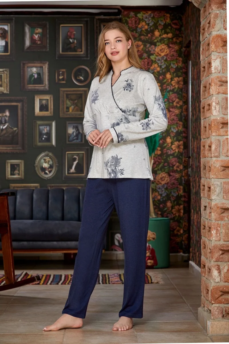 Cossy By Aqua 23028 Women's Long Sleeve Pajamas Set-Navy Blue