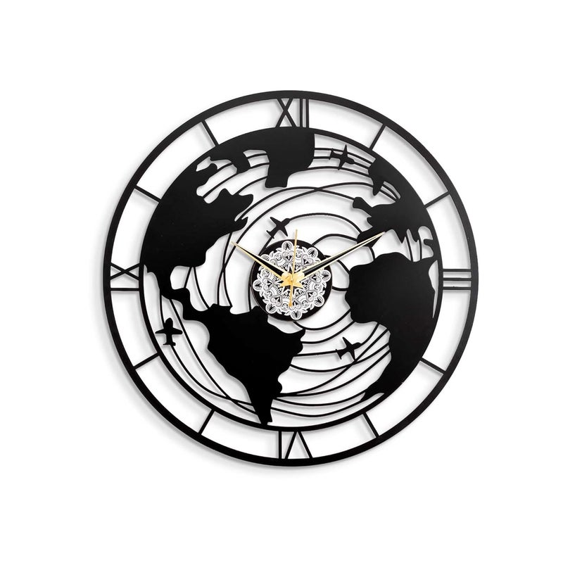 METSYMetal Wall Clock Globe Design,(Size: 44.5x44.5 cm),Precise Metal Laser Cutting & Black Texture Powder Coated(Industrial Grade) - Image 2