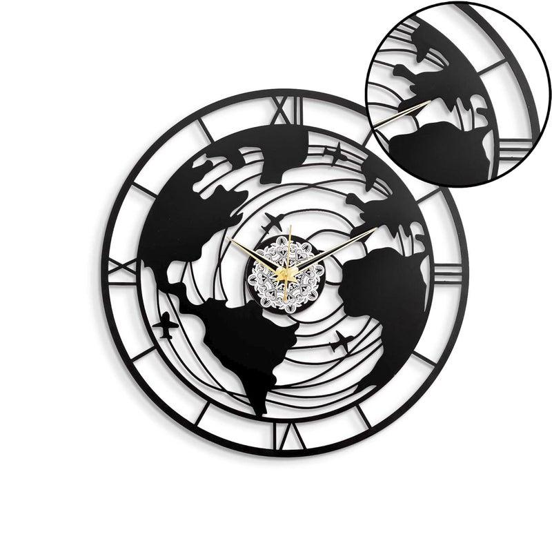 METSYMetal Wall Clock Globe Design,(Size: 44.5x44.5 cm),Precise Metal Laser Cutting & Black Texture Powder Coated(Industrial Grade) - Image 3