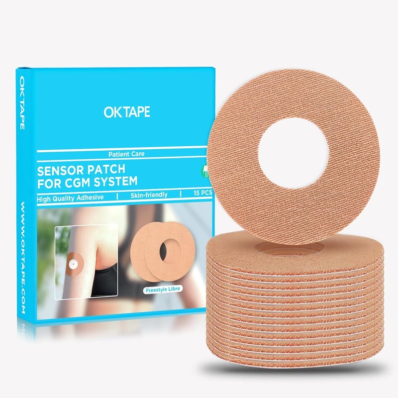 OK TAPE Adhesive Patches for Freestyle Libre 1/2 15 PCS, Waterproof & Sweatproof CGM Patches, Long Last Sensor Patches, Beige
