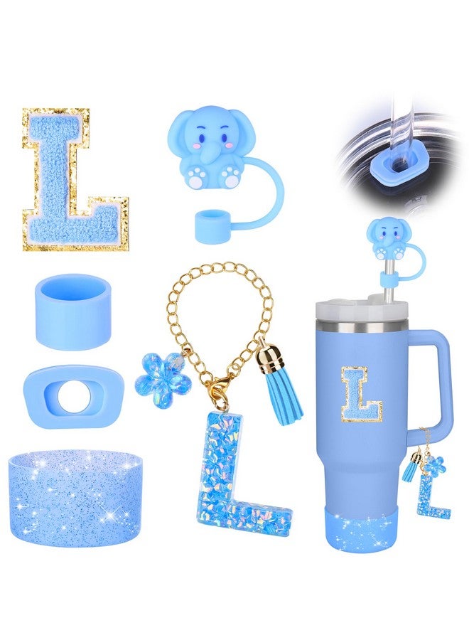Mity rain Cup Accessories Set for stanley 30 oz 40 oz tumbler with handle, Including Initials Charms, Straw Cover Cap, Boot, Sticker, Silicone Spill Proof Stopper,Blue Decorate for Boy Girl (Letter L) - Image 1