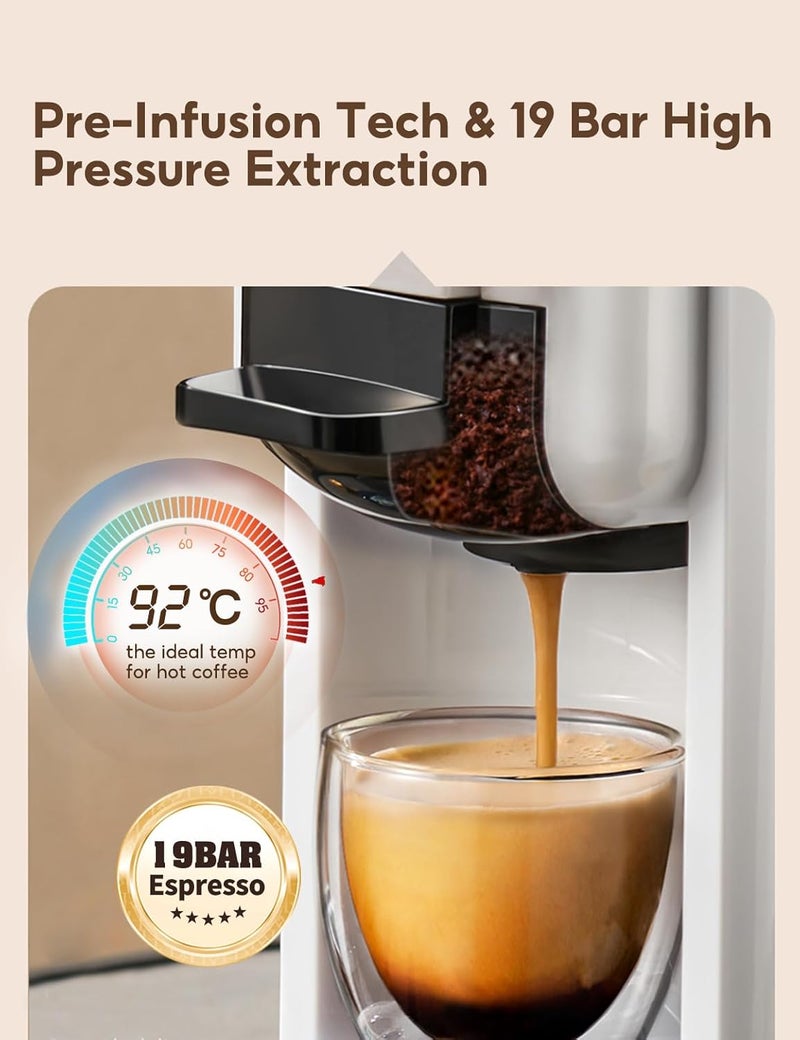 CAFELFFE Capsule Coffee Machine-1450W Powerful Coffee Maker with Hot Cold Brew, 19Bar Espresso Machine-4 Adapter Options 600ML Detachable Water Tank White - Image 4