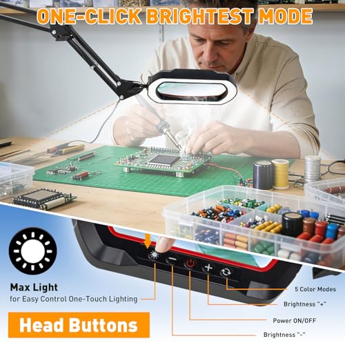 NUEYiO 12X Ultra Long 3-Section Swing Arm Lighted Magnifier Lamp, NUEYiO 5.3* 3.2" Square Large Magnifying Glass with Light, 5 Color Modes LED, 4-way Metal Clamp Hands-Free Craft Lamp for Sewing Repair (Red) - Image 5