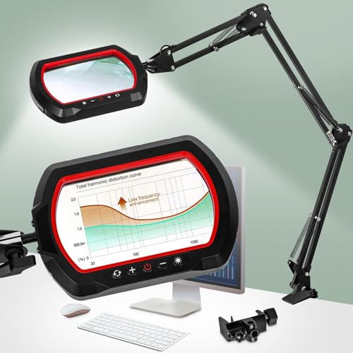 NUEYiO 12X Ultra Long 3-Section Swing Arm Lighted Magnifier Lamp, NUEYiO 5.3* 3.2" Square Large Magnifying Glass with Light, 5 Color Modes LED, 4-way Metal Clamp Hands-Free Craft Lamp for Sewing Repair (Red) - Image 1
