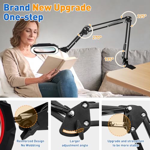 NUEYiO 12X Ultra Long 3-Section Swing Arm Lighted Magnifier Lamp, NUEYiO 5.3* 3.2" Square Large Magnifying Glass with Light, 5 Color Modes LED, 4-way Metal Clamp Hands-Free Craft Lamp for Sewing Repair (Red) - Image 4