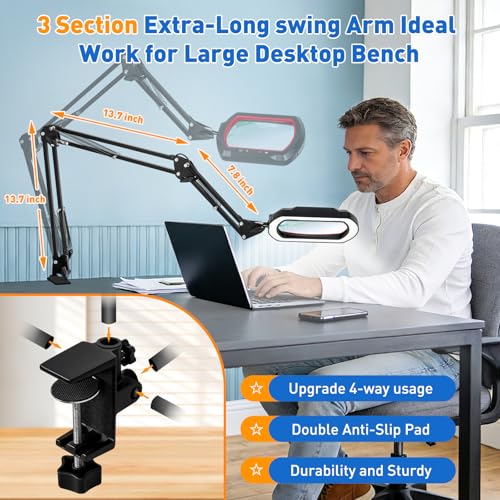 NUEYiO 12X Ultra Long 3-Section Swing Arm Lighted Magnifier Lamp, NUEYiO 5.3* 3.2" Square Large Magnifying Glass with Light, 5 Color Modes LED, 4-way Metal Clamp Hands-Free Craft Lamp for Sewing Repair (Red) - Image 3
