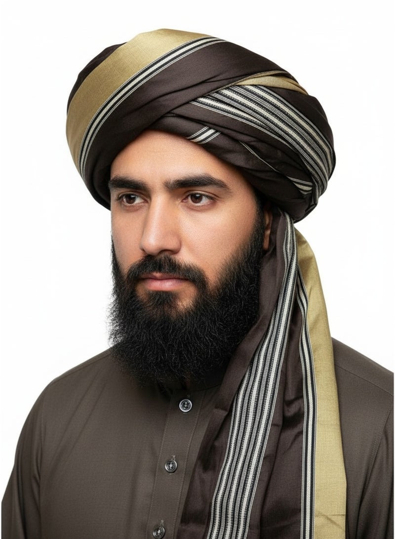 عمامة تراث أفغاني، بني داكن مع لمسات ذهبية مخططة - Image 2