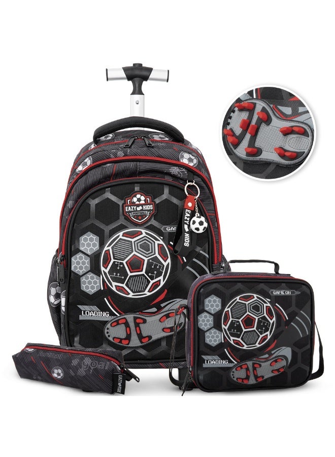 Eazy Kids 17” 3-Piece Trolley School Backpack with Lunch Bag & Pencil Case, Football - Black - Image 1