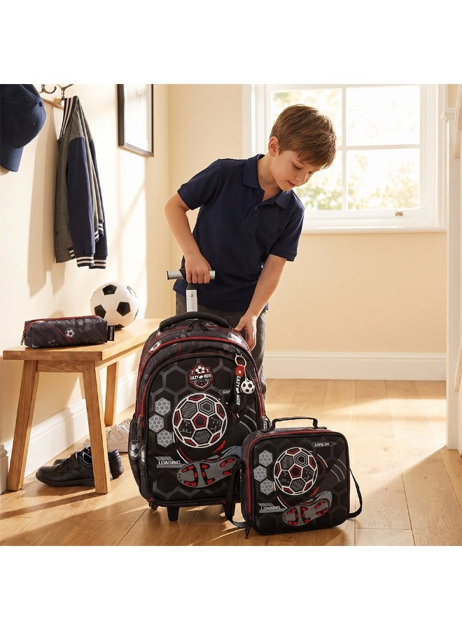 Eazy Kids 17” 3-Piece Trolley School Backpack with Lunch Bag & Pencil Case, Football - Black - Image 2