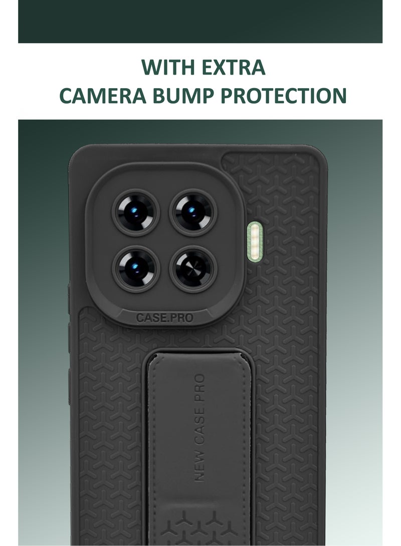 Semi Soft Silicone Magnetic Back Stand Case  With Foldable Kickstand & Finger Strap For Tecno Spark 20 Pro Plus - Black  - Image 3