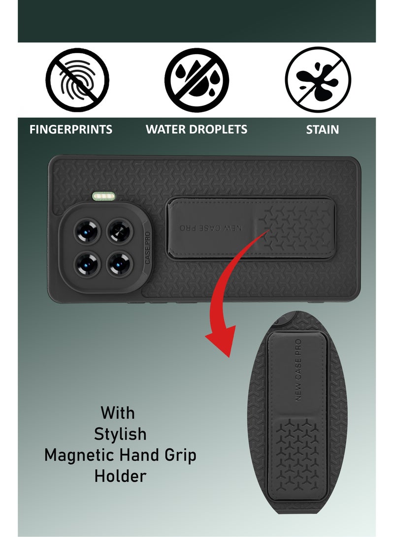 Semi Soft Silicone Magnetic Back Stand Case  With Foldable Kickstand & Finger Strap For Tecno Spark 20 Pro Plus - Black  - Image 4