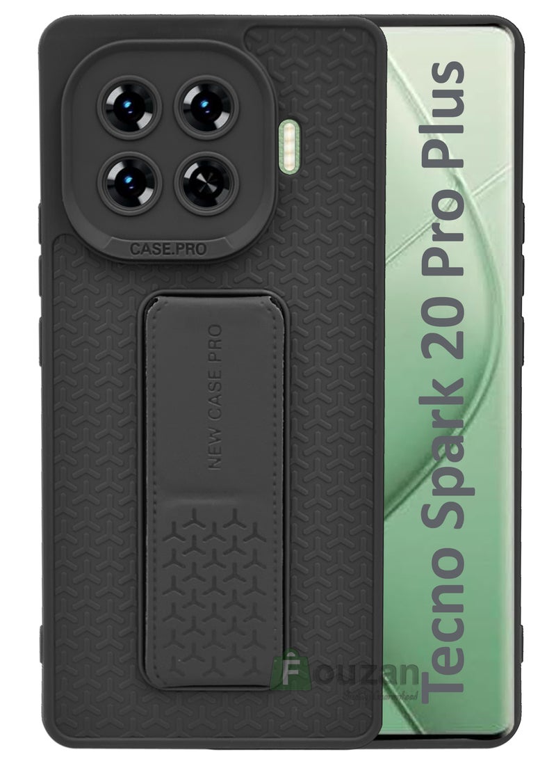 Semi Soft Silicone Magnetic Back Stand Case  With Foldable Kickstand & Finger Strap For Tecno Spark 20 Pro Plus - Black  - Image 1