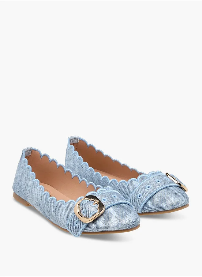 Little Missy Scallop Detail Slip-On Ballerina Shoes with Buckle Accent