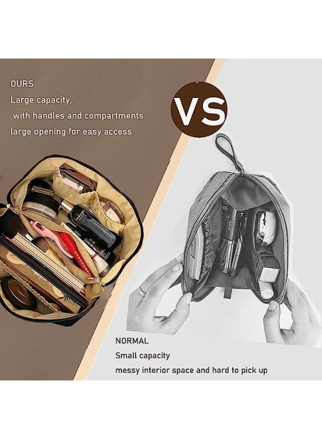 Women’s Leather Travel Makeup Bag – Large Capacity Portable Cosmetic Organizer with Sturdy Handle, Wide Top Opening & Interior Divider – Elegant Storage Case for Makeup, Skincare, Toiletries & Travel Accessories – Black - Image 3