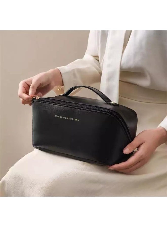 Women’s Leather Travel Makeup Bag – Large Capacity Portable Cosmetic Organizer with Sturdy Handle, Wide Top Opening & Interior Divider – Elegant Storage Case for Makeup, Skincare, Toiletries & Travel Accessories – Black - Image 4