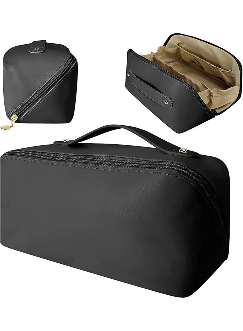 Women’s Leather Travel Makeup Bag – Large Capacity Portable Cosmetic Organizer with Sturdy Handle, Wide Top Opening & Interior Divider – Elegant Storage Case for Makeup, Skincare, Toiletries & Travel Accessories – Black - Image 1