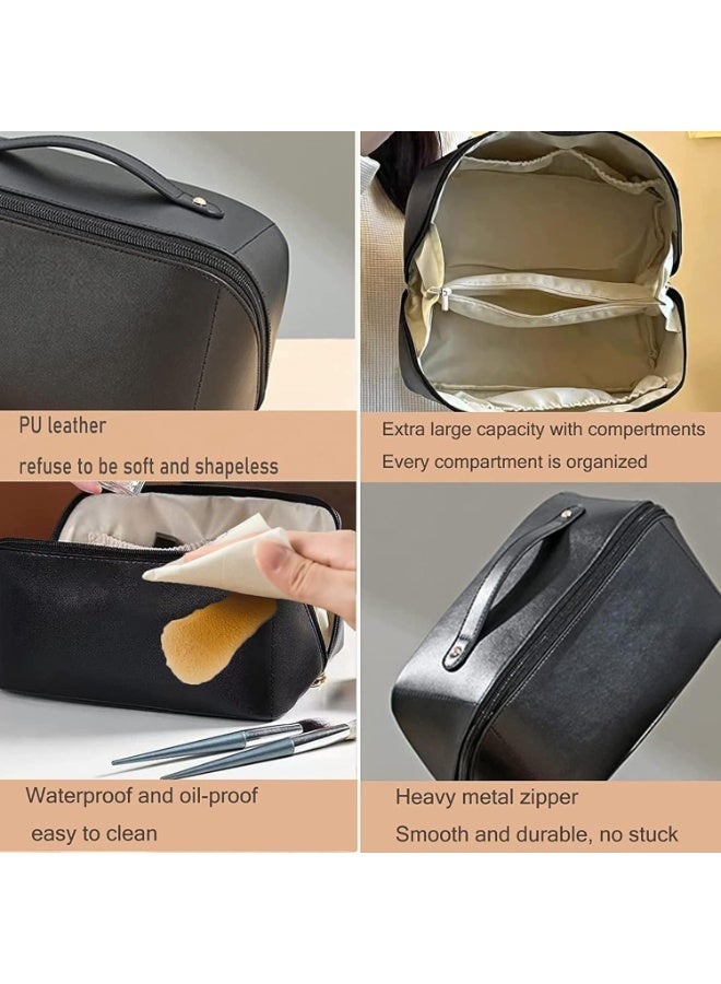 Women’s Leather Travel Makeup Bag – Large Capacity Portable Cosmetic Organizer with Sturdy Handle, Wide Top Opening & Interior Divider – Elegant Storage Case for Makeup, Skincare, Toiletries & Travel Accessories – Black - Image 2
