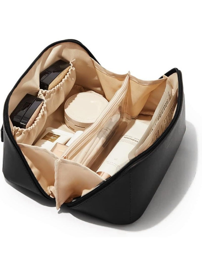 Women’s Leather Travel Makeup Bag – Large Capacity Portable Cosmetic Organizer with Sturdy Handle, Wide Top Opening & Interior Divider – Elegant Storage Case for Makeup, Skincare, Toiletries & Travel Accessories – Black - Image 5