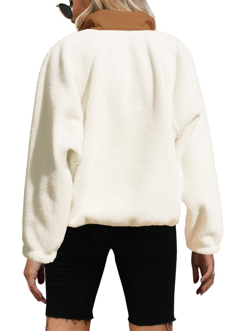 Yanekop Womens Fuzzy Fleece Pullover Sherpa Sweatshirt Long Sleeve Button Down Sweater Winter Fleece Jacket with Pockets(Beige Khaki,M) - Image 2