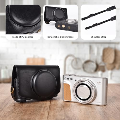 kinokoo Camera Case for Canon PowerShot SX720 HS/SX730/SX740 HS - PU Leather Protective Case with Detachable Shoulder Strap - Black - Image 4