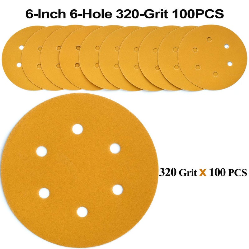 Aiyard 6-Inch 6-Hole Hook and Loop Sanding Discs 320-Grit, Random Orbital Sandpaper for Automotive and Woodworking, 100-Pack - Image 2