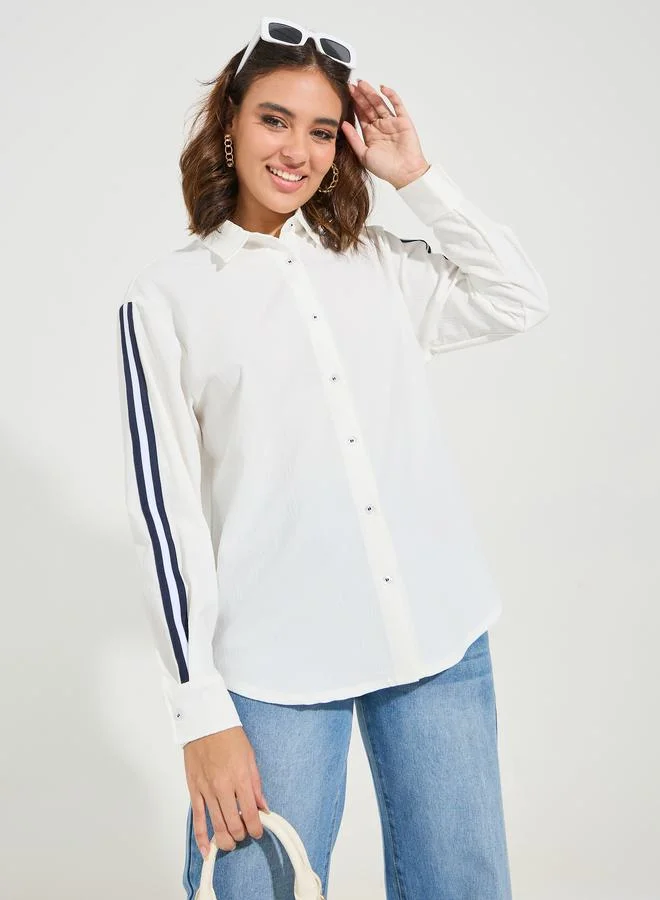 Styli Taping Sleeve Detail Oversized Shirt with Slogan Print