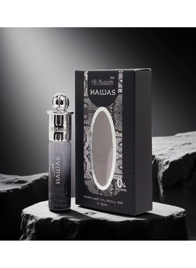 Al Nuaim Hawas Attar Roll-On 6ml | Alcohol-Free Concentrated Perfume Oil | Long Lasting Fresh Aquatic & Fruity Fragrance for Men | Pocket Size Attar