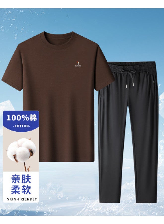 Tucano 100% Cotton Summer Crewneck Solid Color T-shirt + Ice Silk Breathable Comfortable Casual Pants Men's Set - Image 1