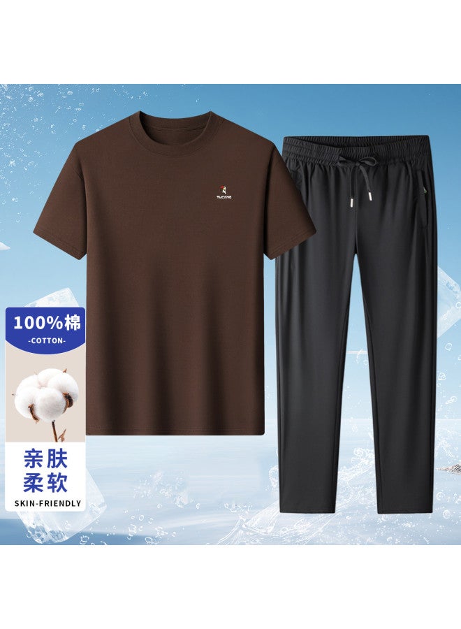Tucano 100% Cotton Summer Crewneck Solid Color T-shirt + Ice Silk Breathable Comfortable Casual Pants Men's Set - Image 2