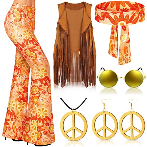 Haull 7 Pcs 60s 70s Disco Hippie Outfits for Women Halloween Costume Set Boho Flared Pants Fringe Vest Peace SignDelicateLarge - Image 1