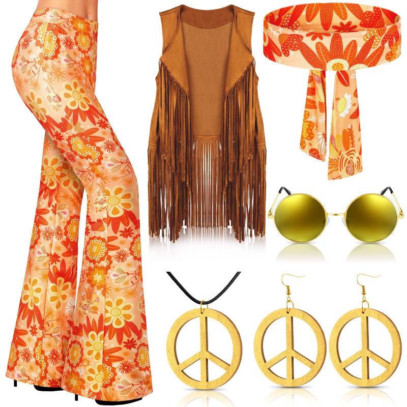 Haull 7 Pcs 60s 70s Disco Hippie Outfits for Women Halloween Costume Set Boho Flared Pants Fringe Vest Peace SignDelicateLarge - Image 2