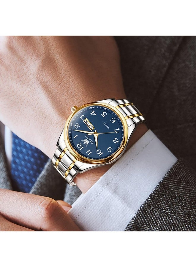 أوليفز ساعة  للرجال فاخرة كاجوال كلاسيكية سهلة القراءة باللون الفضي والأزرق من الفولاذ المقاوم للصدأ وساعة يد مضيئة مقاومة للماء - Image 3