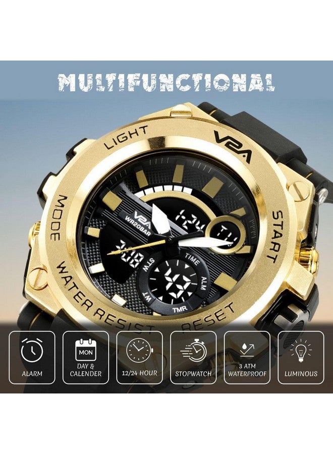 V2A Chronograph Analogue And Digital Sports Watch For Men, Watch For Men, Wrist Watch For Men, Mens Watch, Watch - Gold, Black, Resin