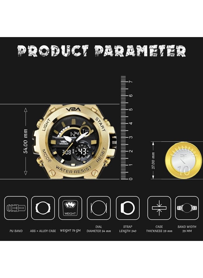 V2A Chronograph Analogue And Digital Sports Watch For Men, Watch For Men, Wrist Watch For Men, Mens Watch, Watch - Gold, Black, Resin