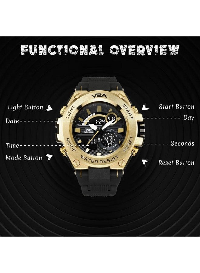 V2A Chronograph Analogue And Digital Sports Watch For Men, Watch For Men, Wrist Watch For Men, Mens Watch, Watch - Gold, Black, Resin