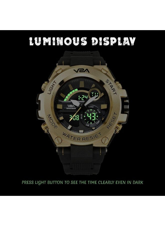 V2A Chronograph Analogue And Digital Sports Watch For Men, Watch For Men, Wrist Watch For Men, Mens Watch, Watch - Gold, Black, Resin