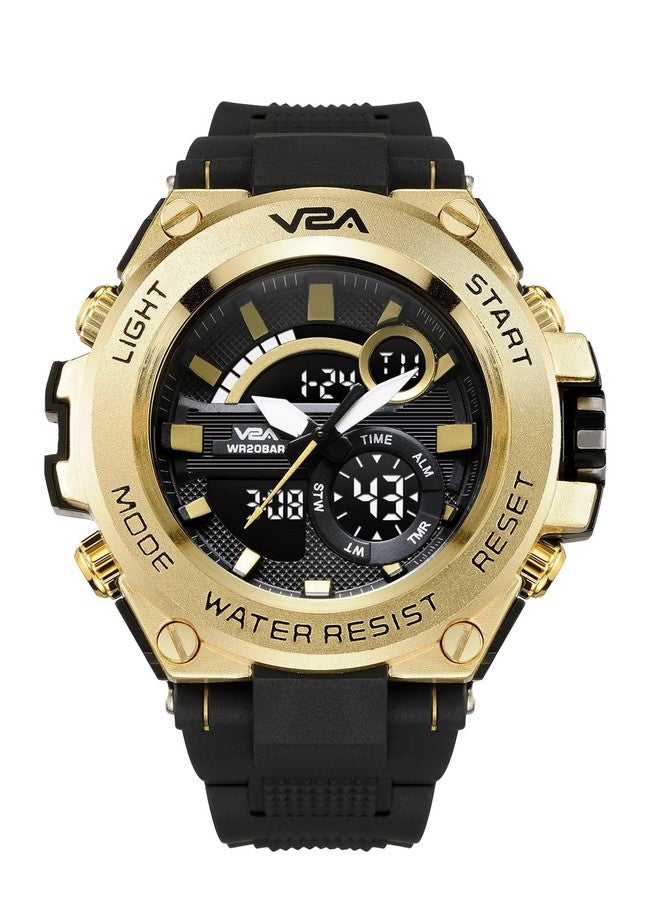 V2A Chronograph Analogue And Digital Sports Watch For Men, Watch For Men, Wrist Watch For Men, Mens Watch, Watch - Gold, Black, Resin