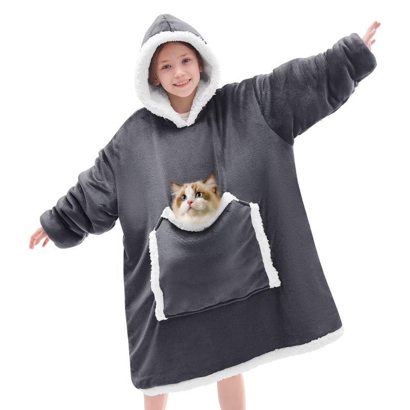 Joywoo Kids Wearable Blanket Hoodie Oversized Cat Lovers Hoodie Blanket For Kids & Teens Birthday Gifts For Girl Boys Warm Cozy Fuzzy Sherpa Fleece Sweatshirt Blankets With Giant Pocket Gifts Grey - Image 1